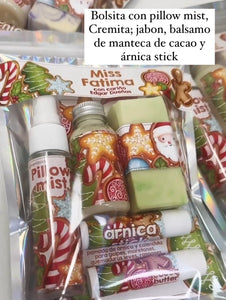 10 bolsitas con árnica, lip balm, pillow mist, cremita y jabon de 50g