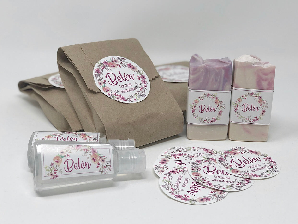 20 bolsitas de kraft con jabón de 50g y antibacterial